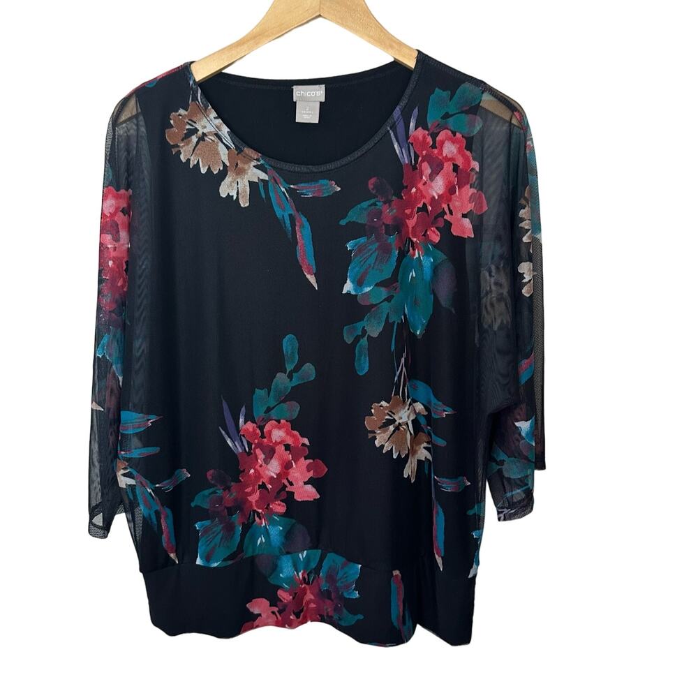 Chico's Floral Black Blouse L Mesh Semi Sheer Sleeves Womens Top Size 2 Tropical
